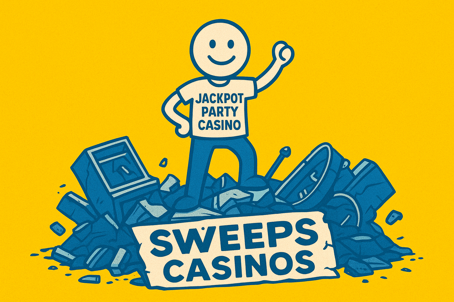 A realistic simple representation of a happy stick figure wearing a JACKPOT PARTY CASINO shirt standing on a pile of broken casino equipment that is labeled SWEEPS CASINOS using a vibrant yellow, blue, and white color scheme inspired by a cartoon-style design.
