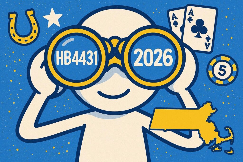 A realistic simple representation of a closeup of a stick figure looking through binoculars and one of the lenses says HB4431 and the other says 2026 using a vibrant blue, yellow, and white color scheme inspired by a cartoon-style design, including casino elements and Massachusetts elements.