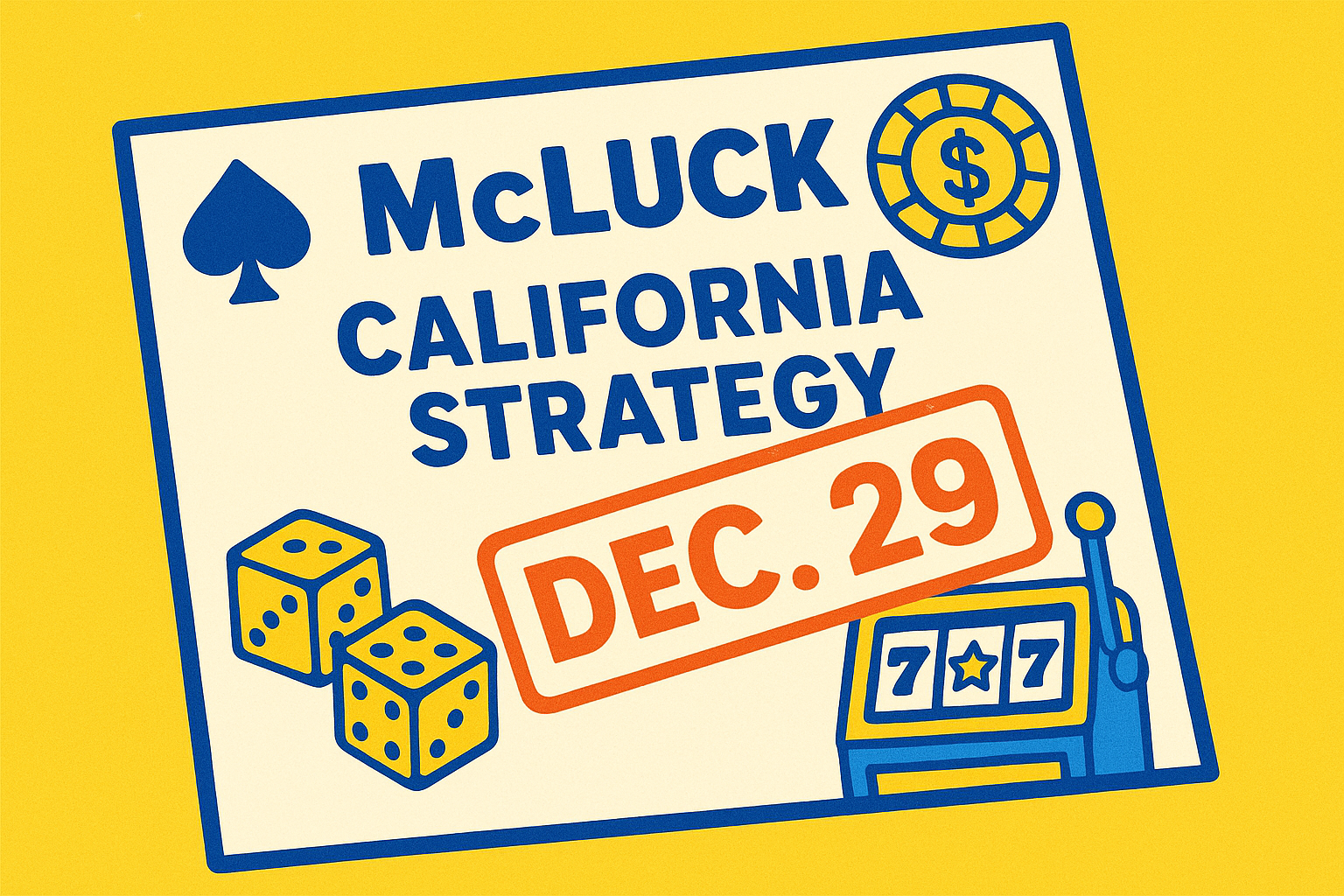 A realistic simple representation of a document entitled MCLUCK CALIFORNIA STRATEGY that has been stamped with the date DEC. 29, using a vibrant yellow, blue, and white color scheme inspired by a cartoon-style design, including casino elements.
