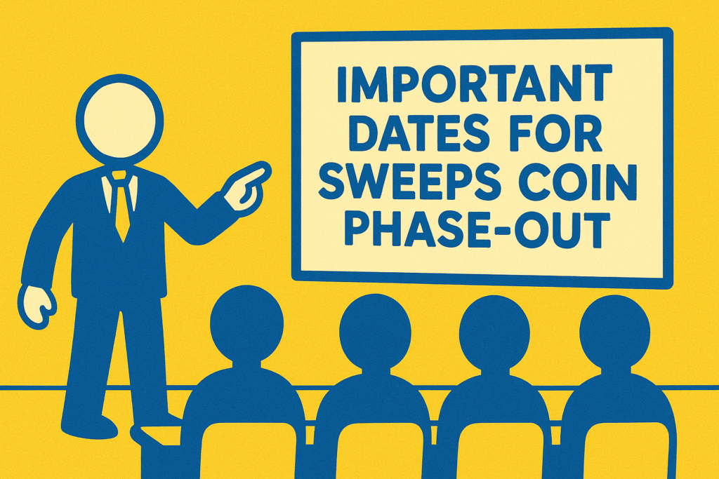 A realistic simple representation of a stick figure wearing a suit presenting a poster board to a boardroom, and he's pointing to the poster board, and the poster board says IMPORTANT DATES FOR SWEEPS COIN PHASE-OUT, using a vibrant yellow, blue, and white color scheme inspired by a cartoon-style design.