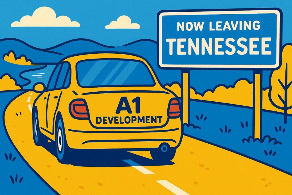 A realistic simple representation of a car with A1 DEVELOPMENT written on it driving toward a sign that says NOW LEAVING TENNESSEE using a vibrant yellow, blue, and white color scheme inspired by a cartoon-style design, including elements of Tennessee.