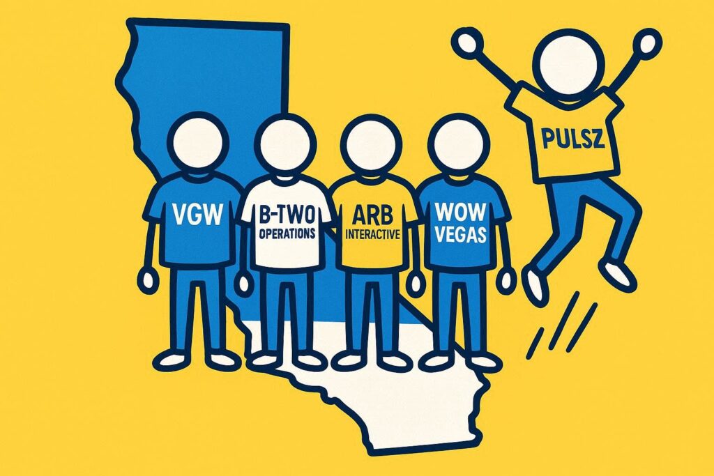 A realistic simple representation of four stick figures standing inside a map of California, each wearing a shirt saying VGW, B-TWO OPERATIONS, ARB INTERACTIVE, and WOW VEGAS, and then one stick figure wearing a PULSZ shirt that is jumping out of the map of California, using a vibrant yellow, blue, and white color scheme inspired by a cartoon-style design.