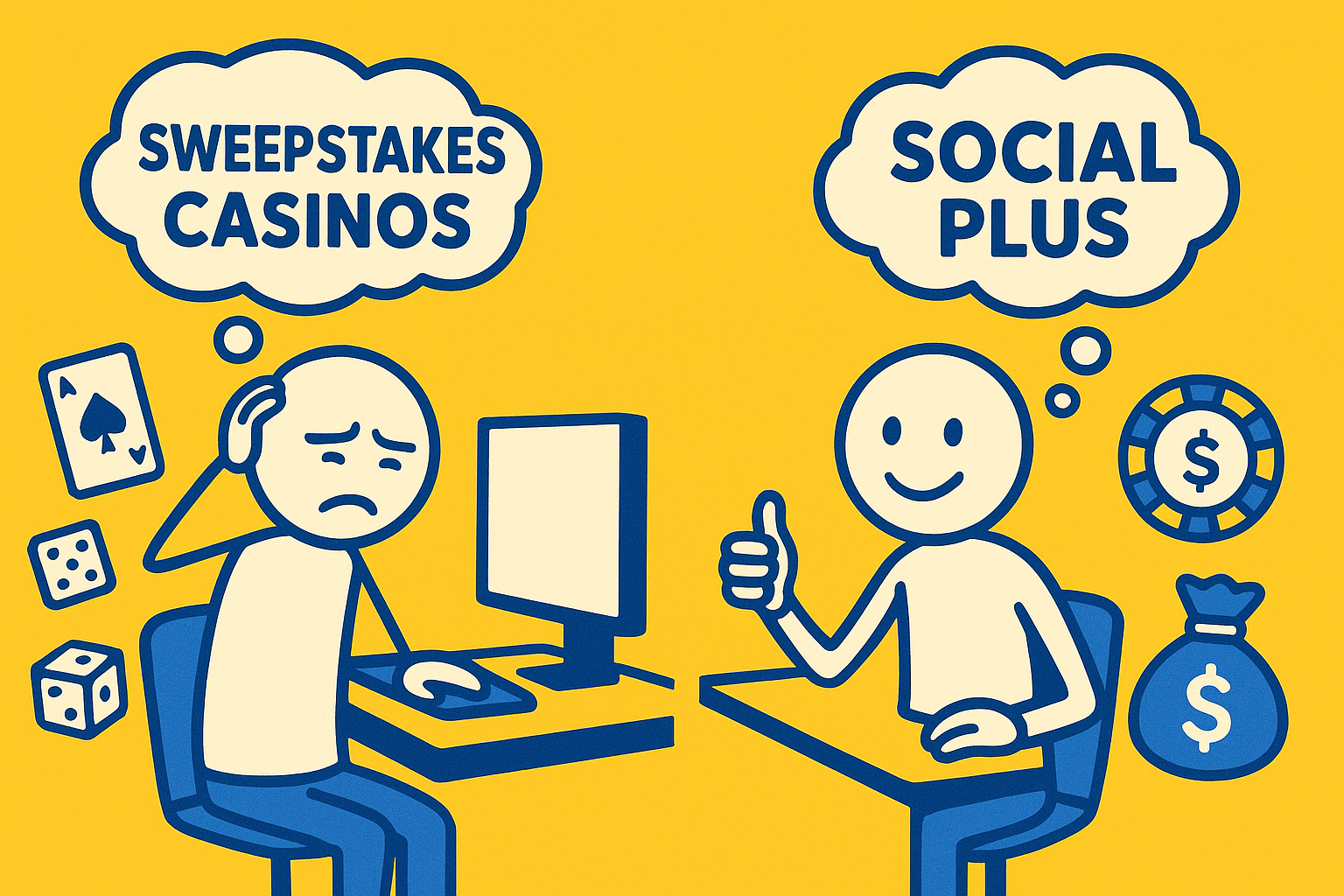 A realistic simple representation of one stick figure frustratingly shaking their head next to a thought bubble that says SWEEPSTAKES CASINOS next to a different stick figure smiling and giving a thumbs up next to a thought bubble that says SOCIAL PLUS using a vibrant yellow, blue, and white color scheme inspired by a cartoon-style design.