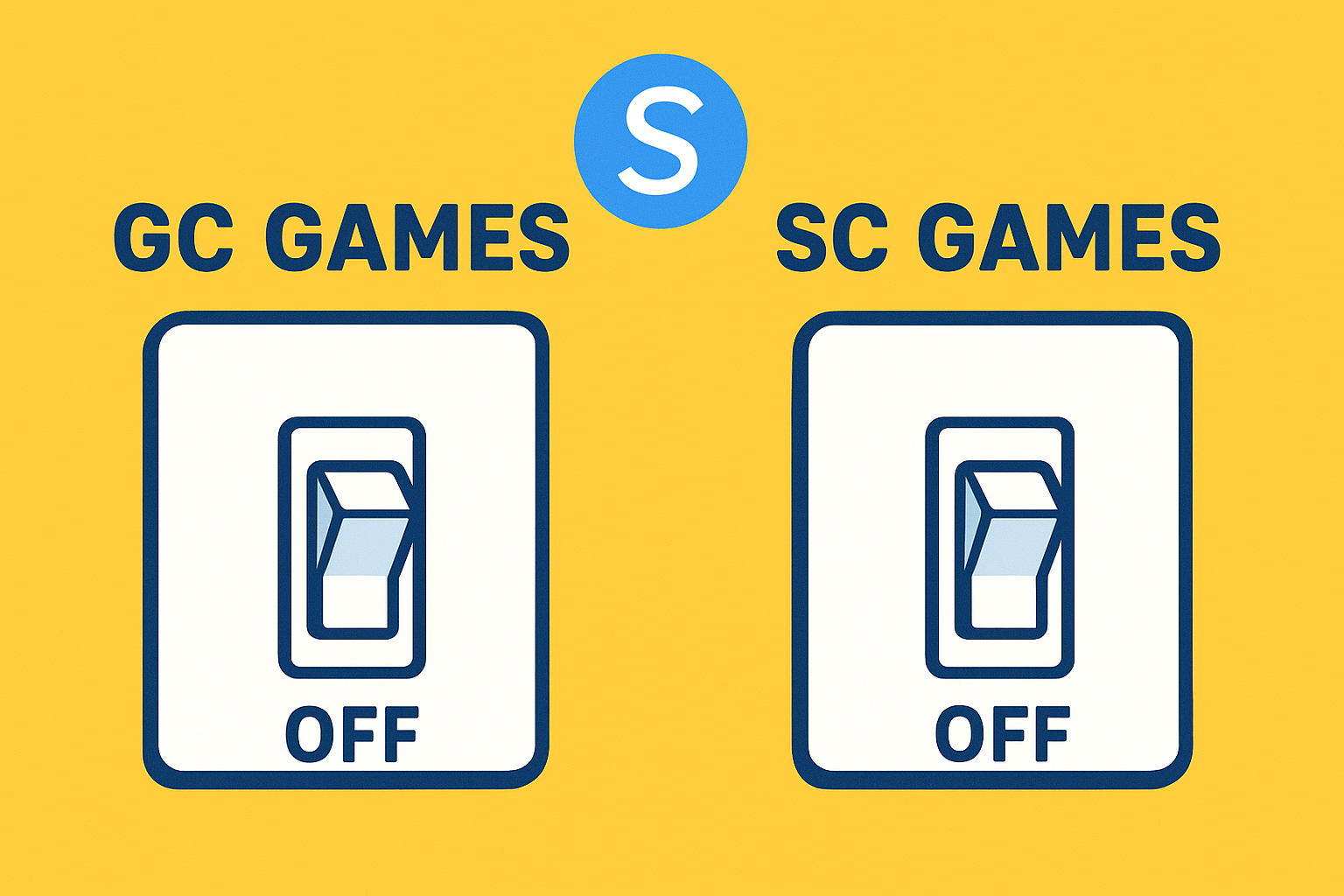 A realistic simple representation of two light switches in the OFF position with GC GAMES written above one and SC GAMES written above the other, with a blue Stake.us S in the image, using a vibrant yellow, blue, and white color scheme inspired by a cartoon-style design.