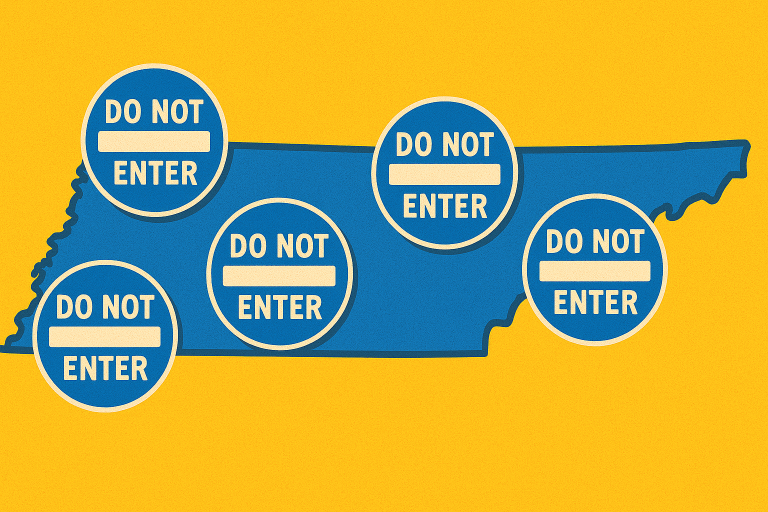 A realistic simple representation of DO NOT ENTER signs plastered all over a map of Tennessee using a vibrant yellow, blue, and white color scheme inspired by a cartoon-style design.