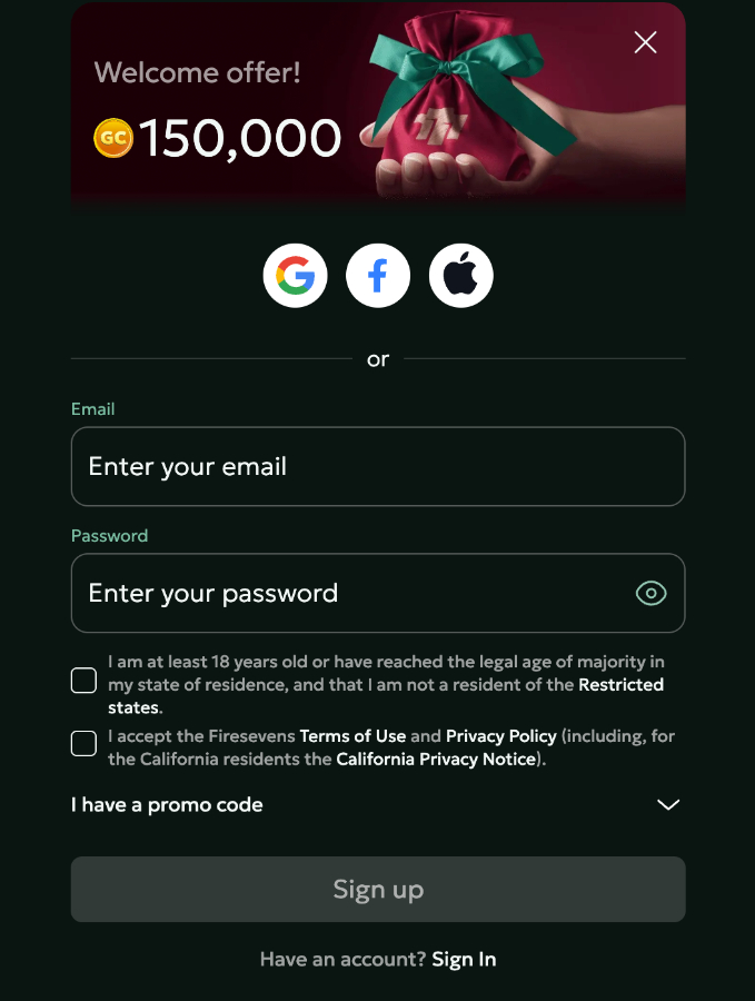Fire Sevens Casino sign up form