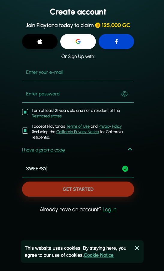 Playtana sign up form