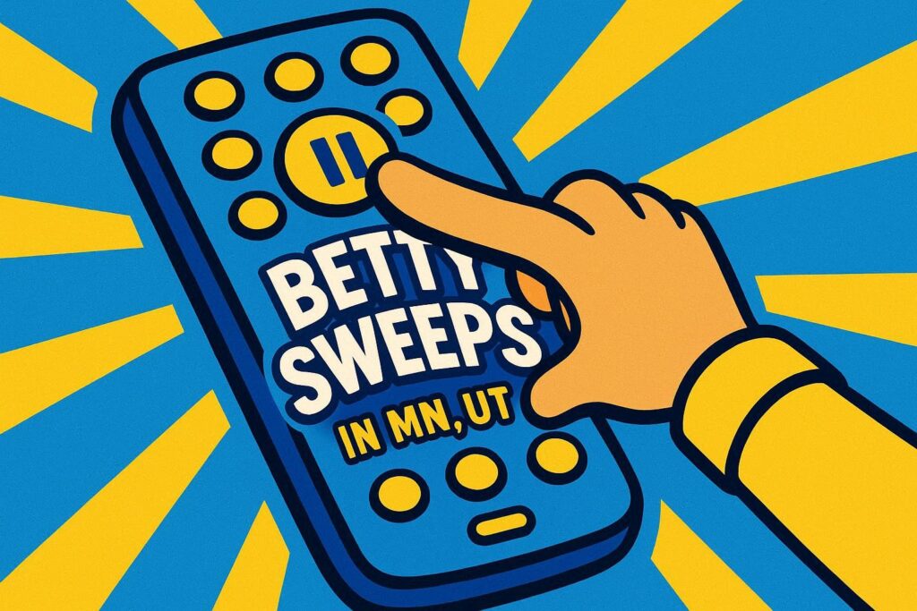 A cartoon representation of a hand pressing a pause button on a remote that says BETTY SWEEPS IN MN, UT using a vibrant, blue, yellow, and white color scheme.