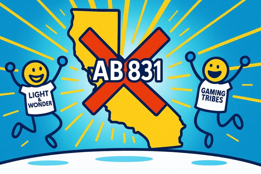 A cartoon representation of California with a big red X that says AB831 on it while stick figures wearing shirts that say LIGHT & WONDER and GAMING TRIBES jump for joy on either side of California using a vibrant, blue, yellow, and white color scheme.