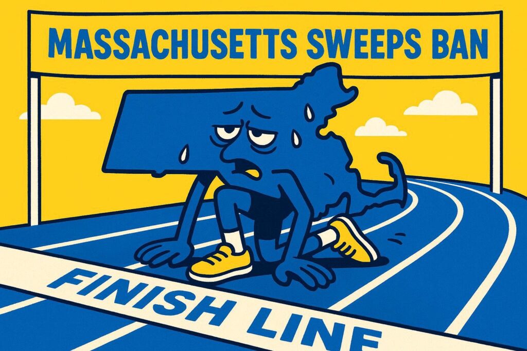 A cartoon representation of an exhausted, Massachusetts-shaped sprinter kneeling down before way finishing a race on a racetrack and it says MASSACHUSETTS SWEEPS BAN on the finish line using a vibrant, yellow, blue, and white color scheme.