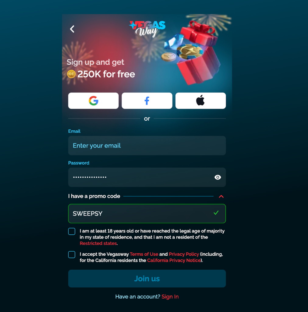 VegasWay Casino sign-up form
