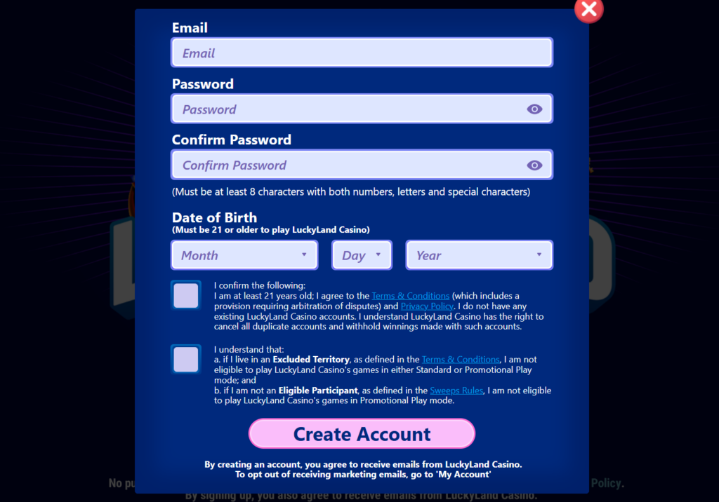 LuckyLand Casino registration form