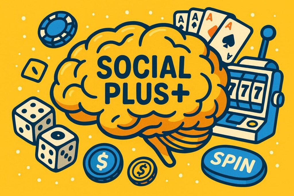 A realistic simple representation of a brain with SOCIAL PLUS written on it surrounded by online casino elements using a vibrant yellow, blue, and white color scheme inspired by a cartoon-style design.