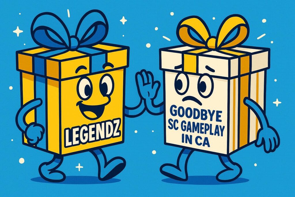 A cartoon representation of two presents, and one says LEGENDZ and the other says GOODBYE SC GAMEPLAY IN CA, using a vibrant, blue, yellow, and white color scheme.