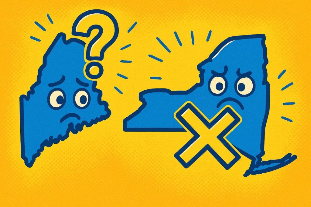 A cartoon representation of the state outlines of Maine and New York next to each other, with an X over New York and a ? over Maine, using a vibrant, yellow, blue, and white color scheme.