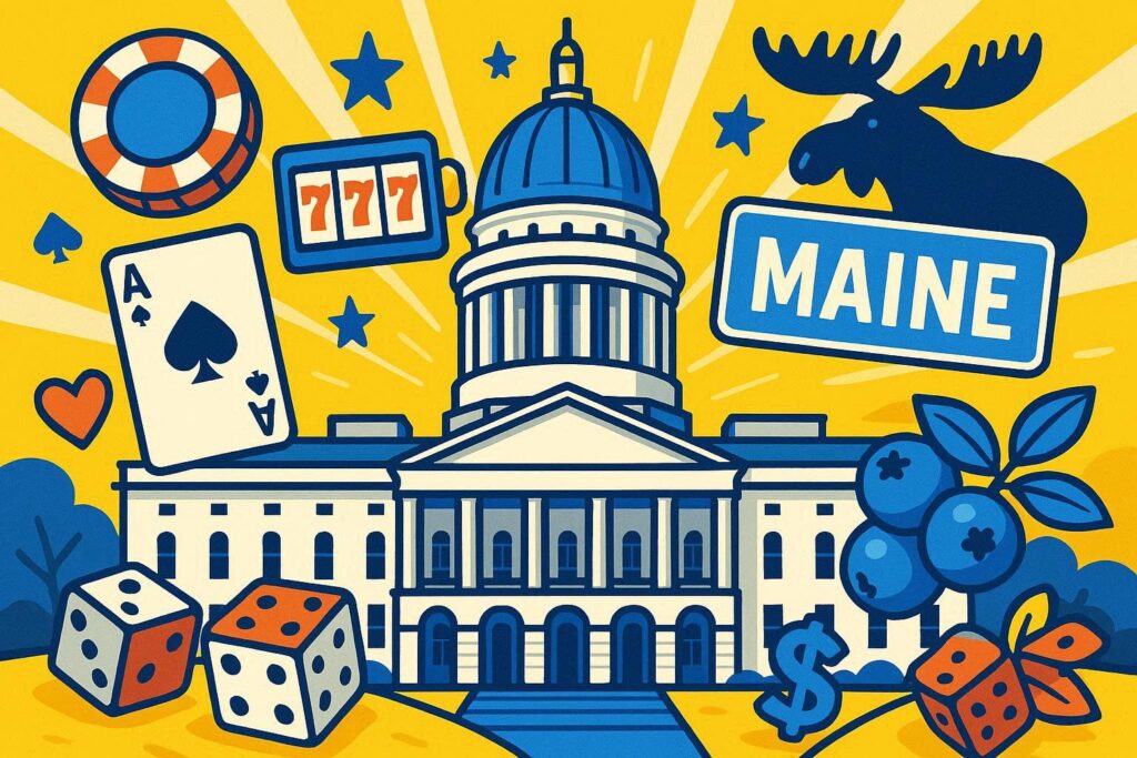 A cartoon representation of the Maine state capitol building surrounded by online casino elements and symbols of Maine using a vibrant, yellow, blue, and white color scheme.