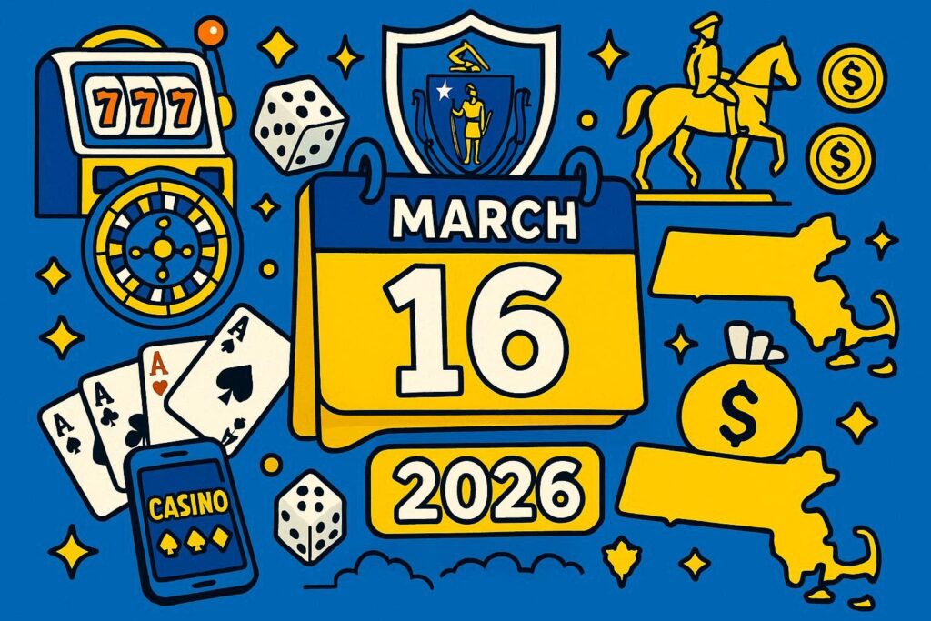 A cartoon representation of the date March 16, 2026, surrounded by online casino elements and symbols of Massachusetts using a vibrant, blue, yellow, and white color scheme.