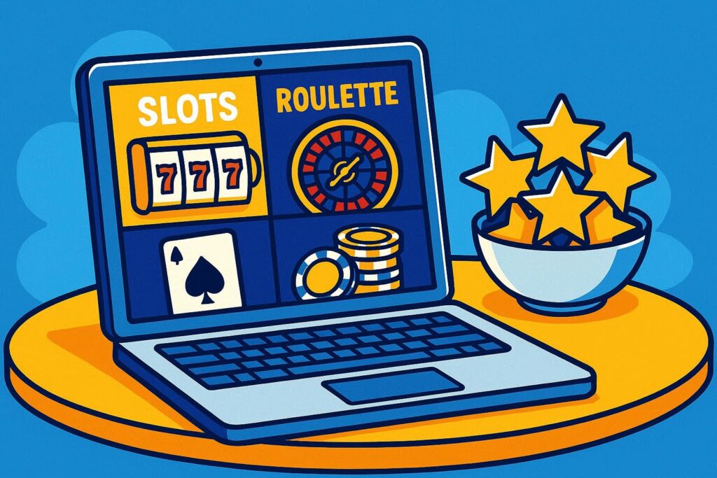 A cartoon representation of an open laptop computer showing online casino games on a table next to a bowl that's holding a bunch of gold stars using a vibrant, blue, yellow, and white color scheme.
