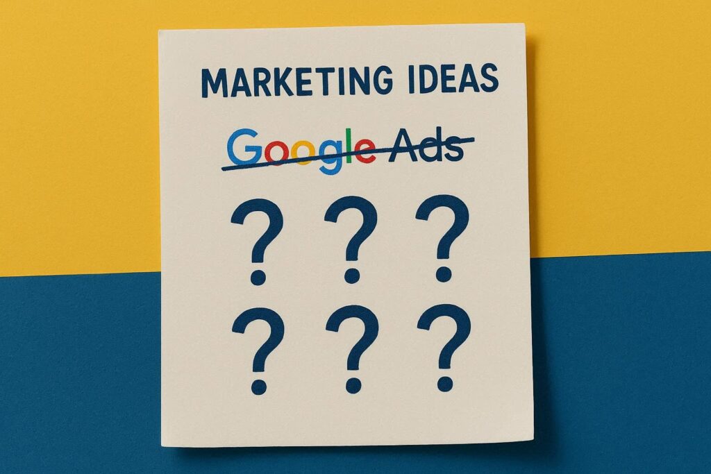 A realistic simple representation of a sheet of paper that's titled MARKETING IDEAS and has the phrase GOOGLE ADS crossed out and then several question marks below that, using a blue, yellow, and white color scheme