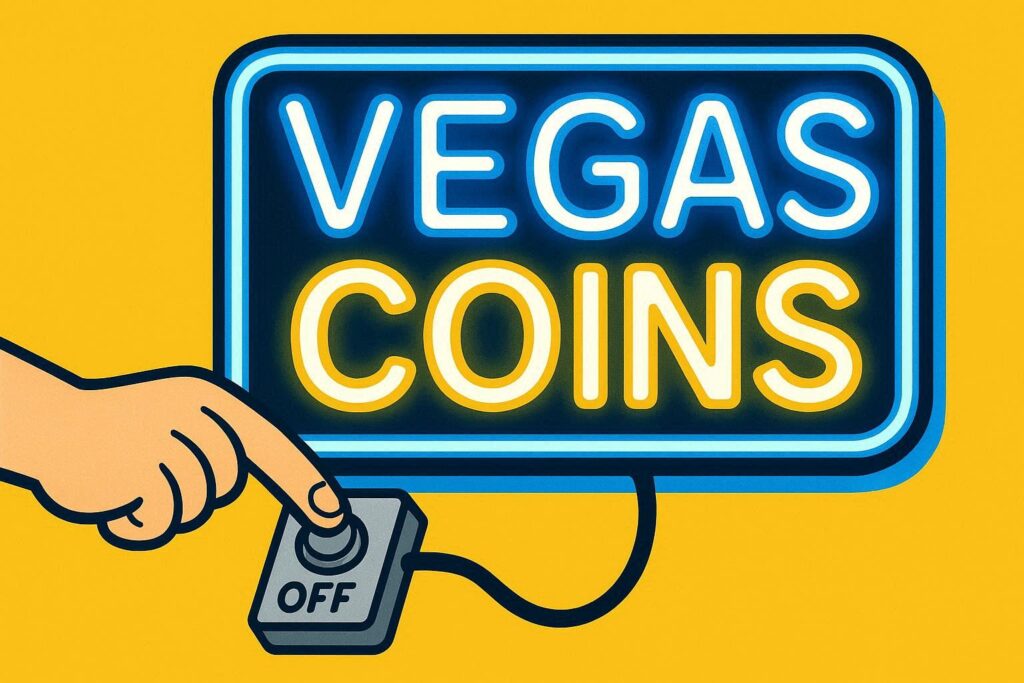 A cartoon representation of a hand pressing the OFF button connected to a chord that leads to a neon sign that says VEGAS COINS using a vibrant yellow, blue, and white color scheme