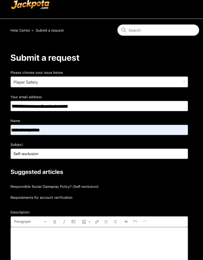 Jackpota customer support form