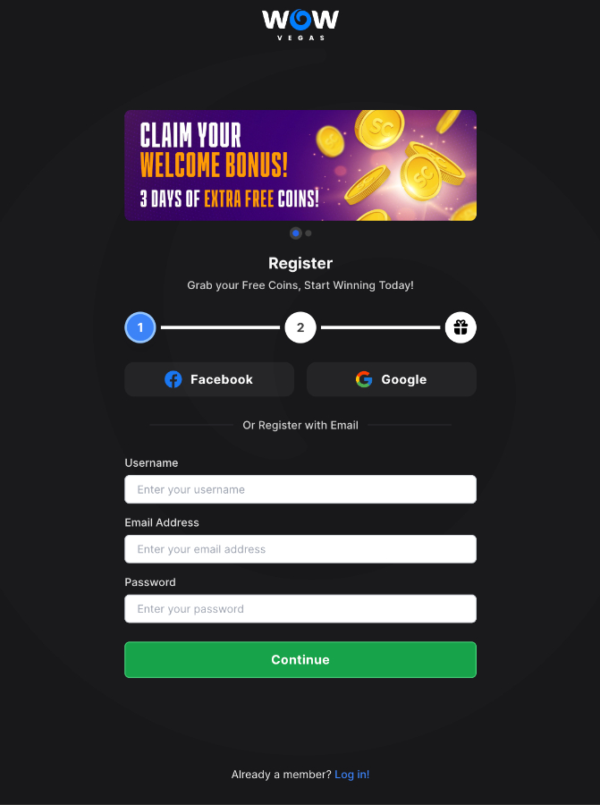 WOW Vegas sign up form