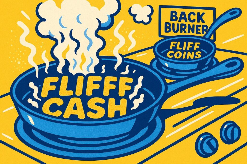A cartoon representation of a sizzling pan that has FLIFF CASH written in it cooking on a front burner and a smaller sizzling pan that has FLIFF COINS written in it sitting way back on a back burner that's labeled BACK BURNER using a vibrant, yellow, blue, and white color scheme.
