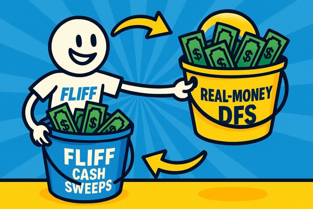 A cartoon representation of stick figure wearing a FLIFF shirt trading in a bucket of dollar bills that says FLIFF CASH SWEEPS for a bucket of cash that says REAL-MONEY DFS using a vibrant, blue, yellow, and white color scheme.
