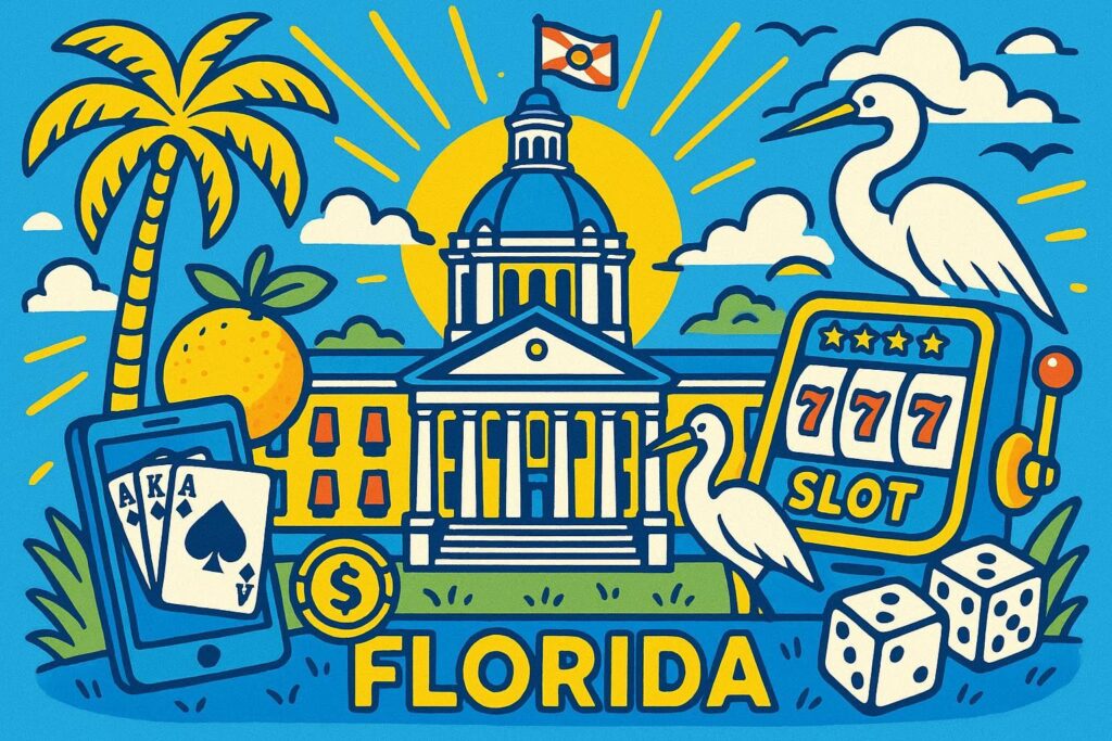 A cartoon representation of the Florida capitol building surrounded by symbols of Florida and online gambling using a vibrant, blue, yellow, and white color scheme.
