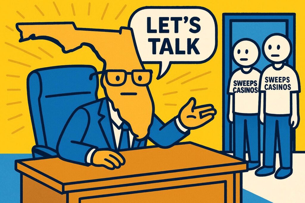 A cartoon representation of a personified outline of Florida sitting at a desk and beckoning stick figures wearing SWEEPS CASINOS shirts into his office while saying "Let's talk" using a vibrant, yellow, blue, and white color scheme.