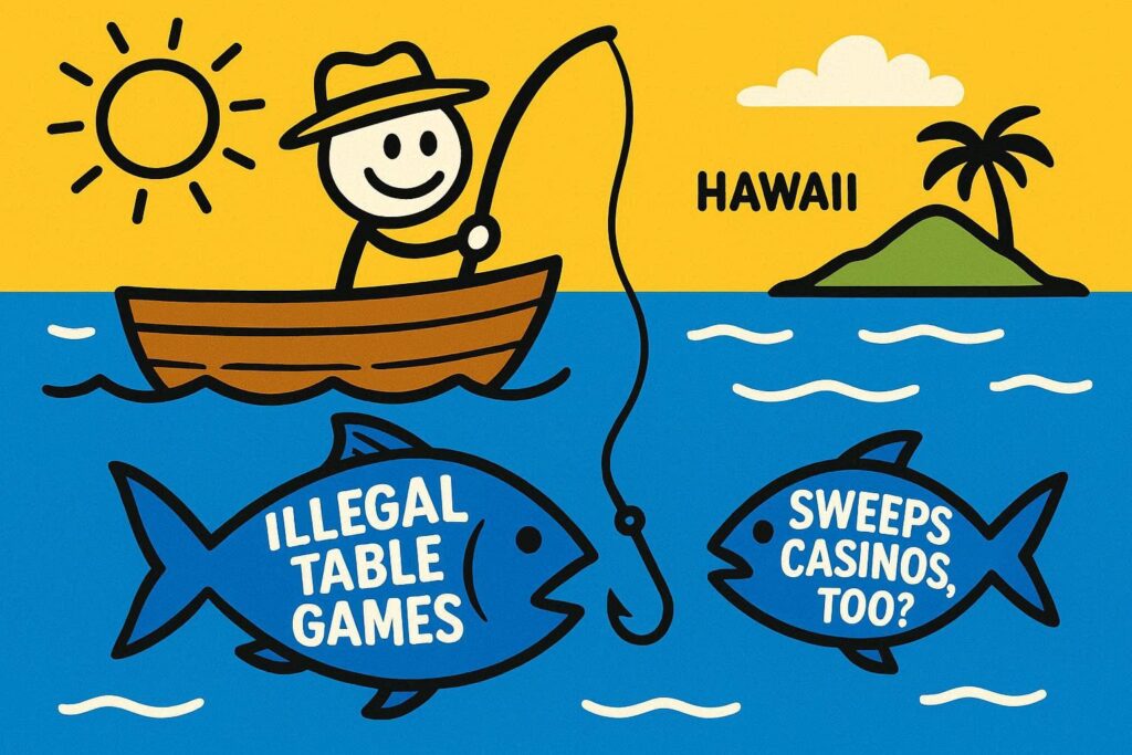 A cartoon representation of a stick figure on a boat with Hawaii in the distance fishing and we see the hook underwater almost hooking a fish that says ILLEGAL TABLE GAMES and in the distance there's also a fish that says SWEEPS CASINOS, TOO? using a vibrant blue, yellow, and white color scheme.