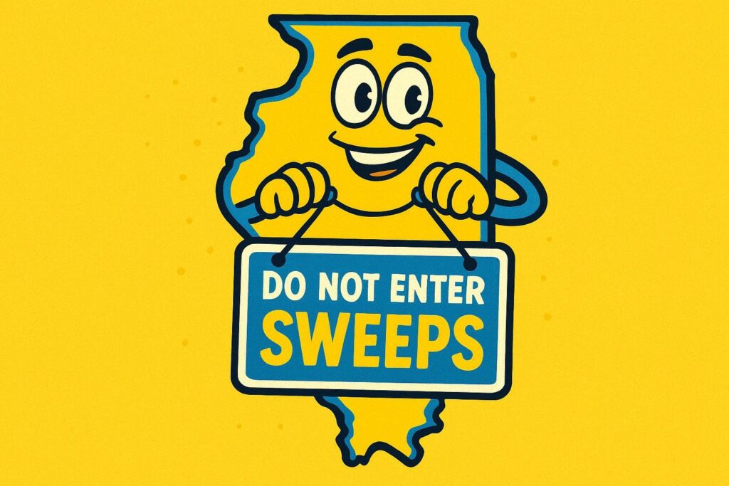 A cartoon representation of a map of Illinois with a sign hanging on it that says "DO NOT ENTER, SWEEPS" using a vibrant, yellow, blue, and white color scheme.