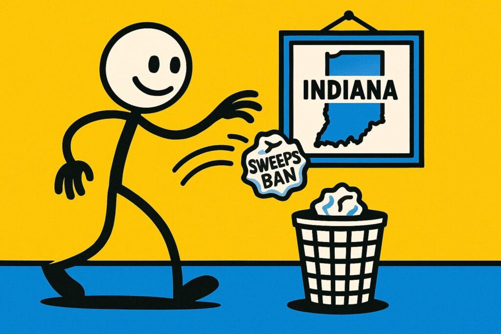 A cartoon representation of a stick figure throwing a crumped up piece of paper that says SWEEPS BAN into the trash with a picture of Indiana hanging up on their wall using a vibrant, yellow, blue, and white color scheme.
