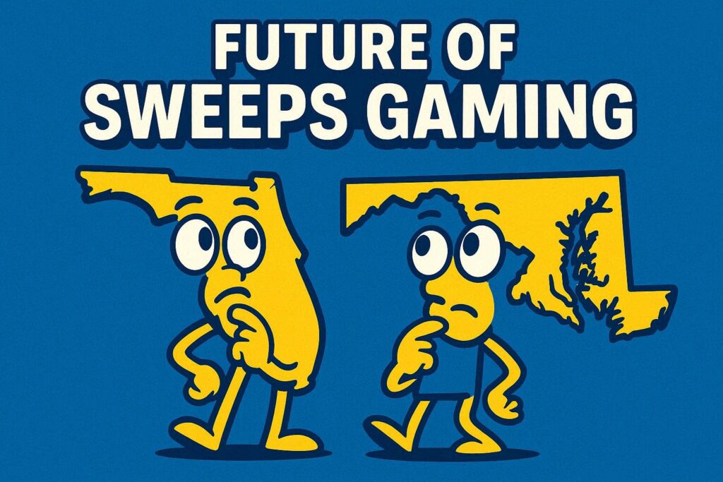 A cartoon representation of personified state outlines of Florida and Maryland both running their chins and looking inquisitively up at the phrase FUTURE OF SWEEPS GAMING above their heads using a vibrant, blue, yellow, and white color scheme.