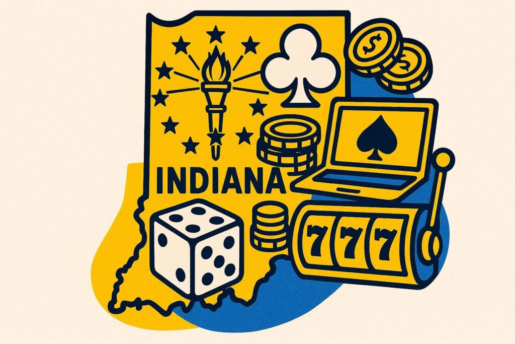 A cartoon representation of symbols representing the Indiana government as well as symbols representing online casinos, all contained within an outline of Indiana, using a vibrant, yellow, blue, and white color scheme.
