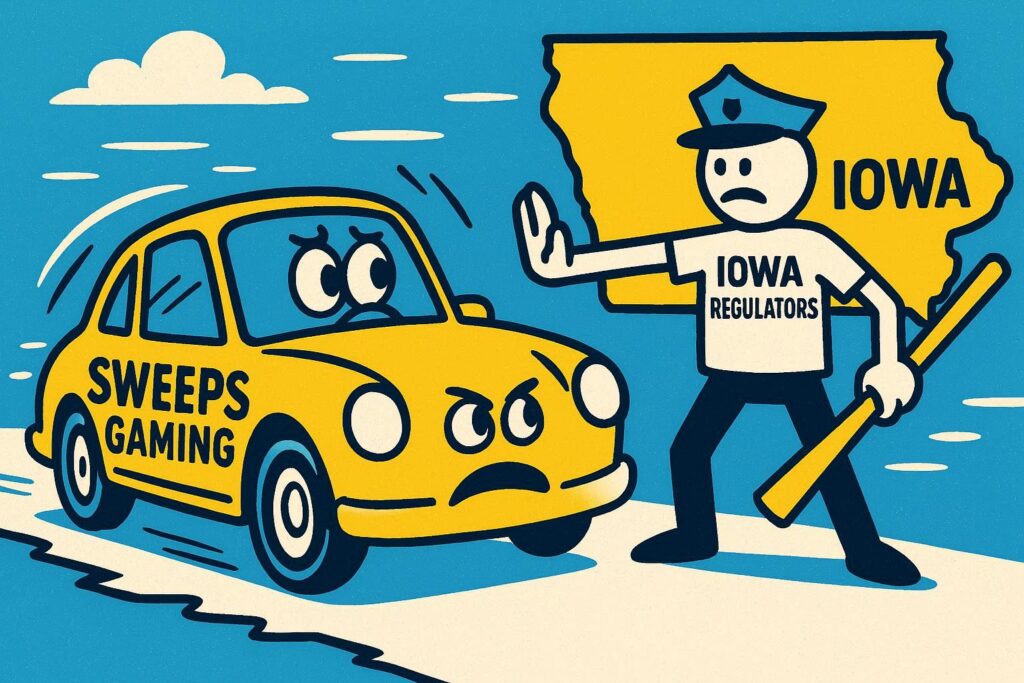 A cartoon representation of car that says SWEEPS GAMING being stopped from driving into Iowa by a stick figure cop with IOWA REGULATORS on his shirt using a vibrant, blue, yellow, and white color scheme.