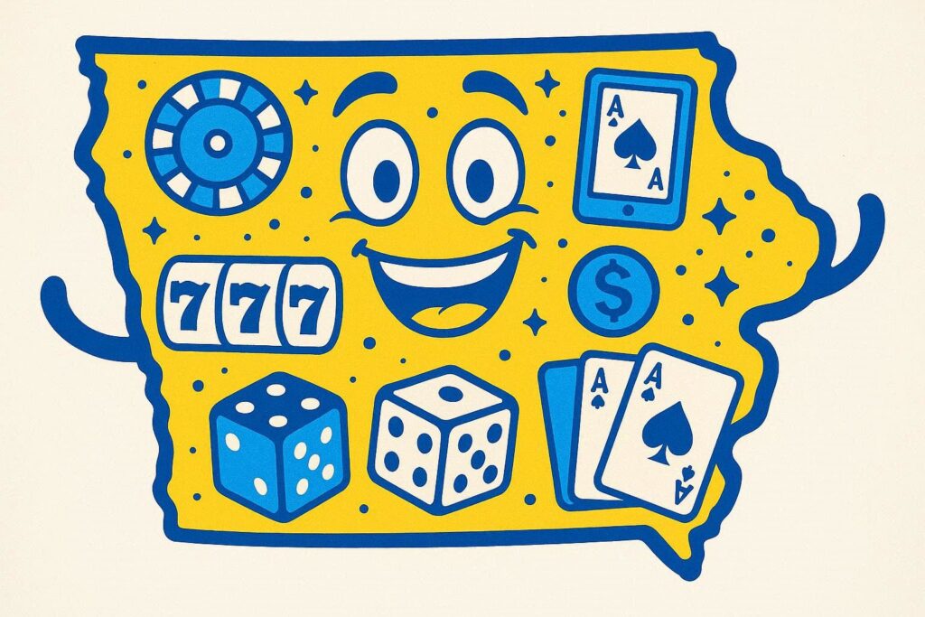 A cartoon representation of an Iowa state outline filled with online casino symbols using a vibrant, yellow, blue, and white color scheme.