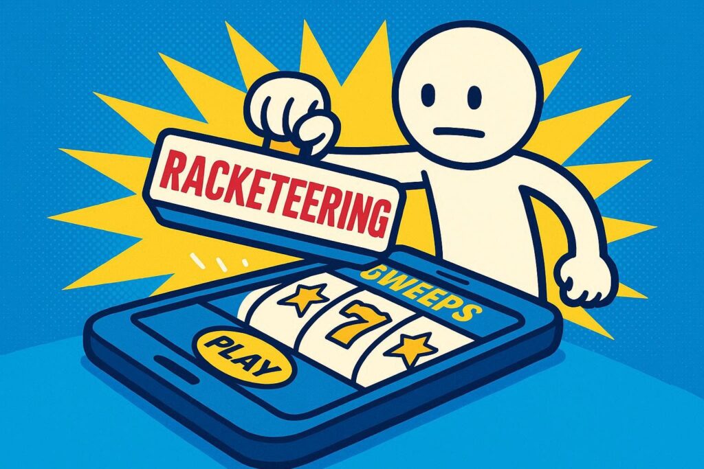 A cartoon representation of a neutral-faced stick figure stamping the word RACKETEERING on a smartphone playing a sweeps casino game using a vibrant, blue, yellow, and white color scheme.