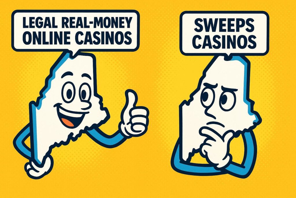 A cartoon representation of two personified outlines of Maine — one giving a thumbs up and thinking the words LEGAL REAL-MONEY ONLINE CASINOS and the other rubbing its chin and thinking the words SWEEPS CASINOS — using a vibrant, yellow, blue, and white color scheme.