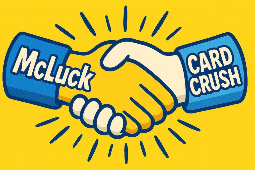 A cartoon representation of two arms shaking hands and one says MCLUCK and the other says CARD CRUSH using a vibrant, yellow, blue, and white color scheme.