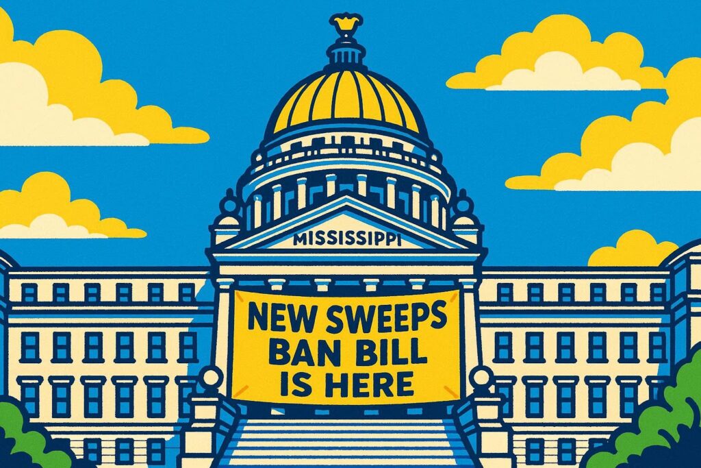 A cartoon representation of the Mississippi state capitol building with a banner hanging on it that says NEW SWEEPS BAN BILL IS HERE using a vibrant, blue, yellow, and white color scheme.