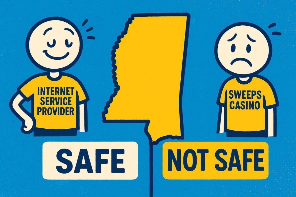 A cartoon representation of a relieved looking stick figure wearing an INTERNET SERVICE PROVIDER shirt standing on one side of a state outline of Mississippi that's labeled SAFE and then a worried looking stick figure wearing a SWEEPS CASINO shirt standing on the other side of a state outline of Mississippi that's labeled NOT SAFE using a vibrant, blue, yellow, and white color scheme.