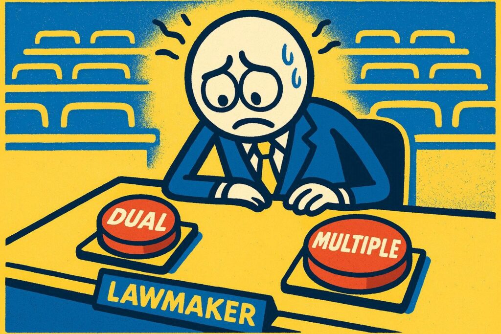 A cartoon representation of a stressed stick figure lawmaker looking down at their desk with two buttons to push — one says DUAL and the other says MULTIPLE — and they're not sure which to press, using a vibrant, blue, yellow, and white color scheme.