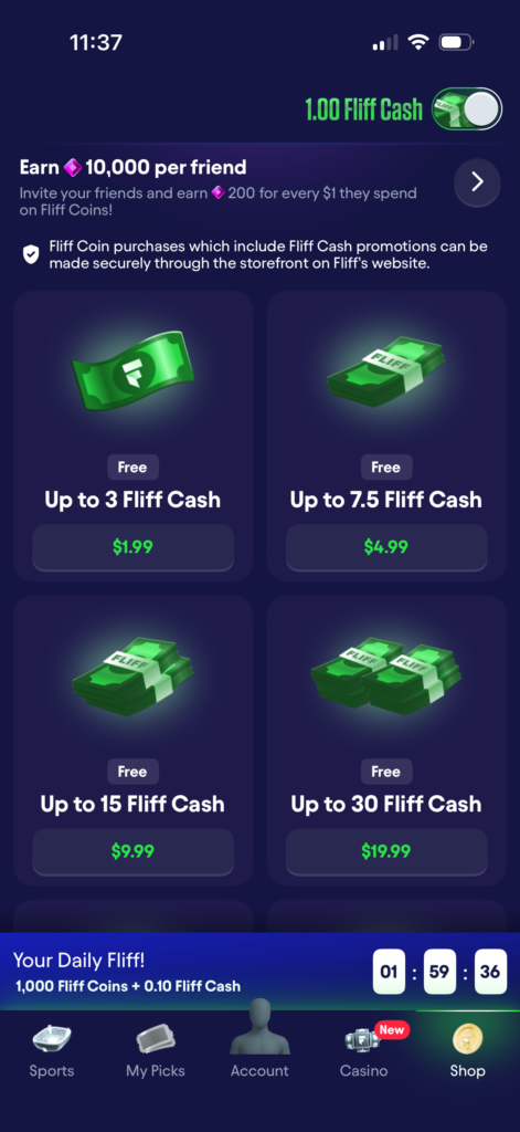 New purchase options only show Fliff Cash in the Fliff Shop when in Fliff Cash mode