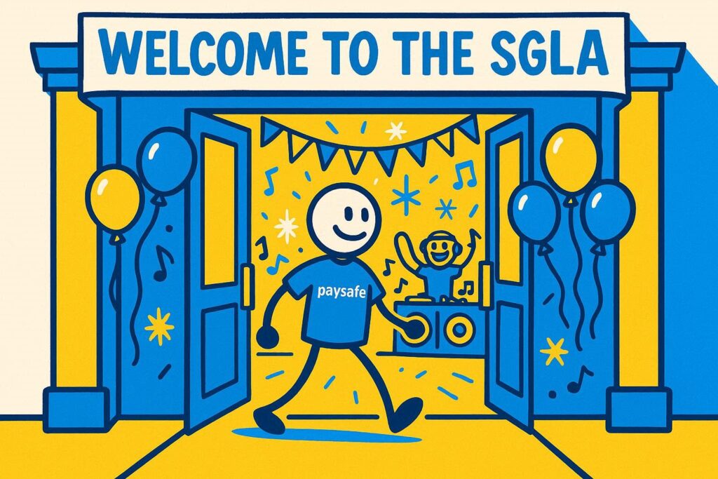 A cartoon representation of a doorway leading to a party on the other side and a stick figure with a PAYSAFE shirt walking through with a banner saying WELCOME TO THE SGLA above the doorway using a vibrant, blue, yellow, and white color scheme.