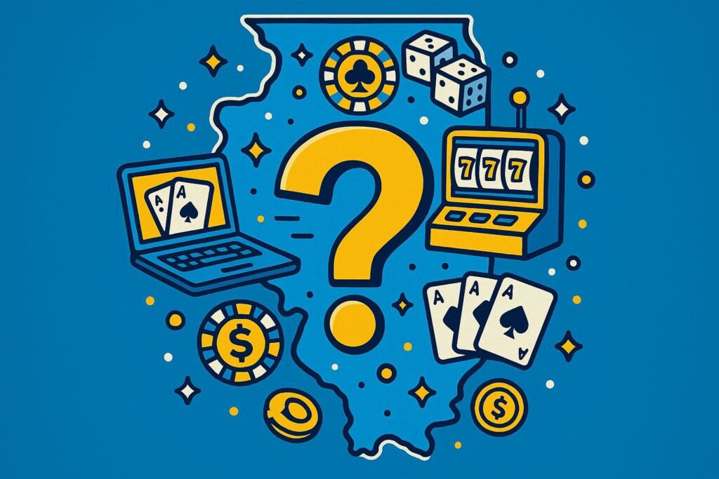 A cartoon representation of a question mark surrounded by online casino elements inside a map of Illinois using a vibrant, blue, yellow, and white color scheme.