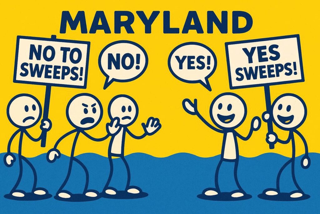 A cartoon representation of some stick figures in Maryland saying NO TO SWEEPS! and others saying YES TO SWEEPS! using a vibrant, yellow, blue, and white color scheme.