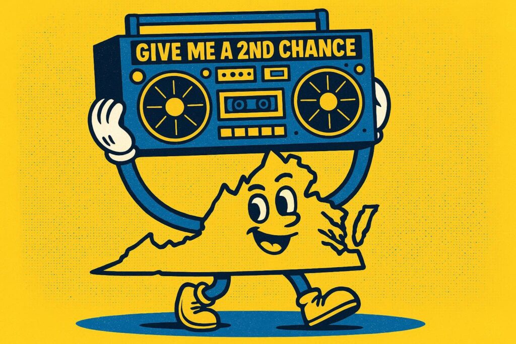 A cartoon representation of a personified state outline of Virginia holding up a giant boombox with the phrase GIVE ME A 2ND CHANCE on it using a vibrant, yellow, blue, and white color scheme.