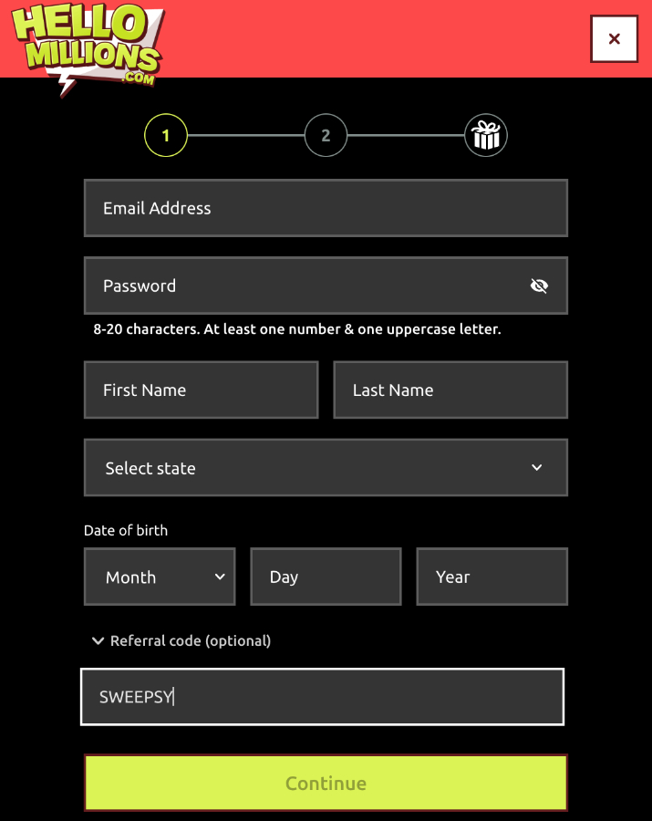 Hello Millions sign up form