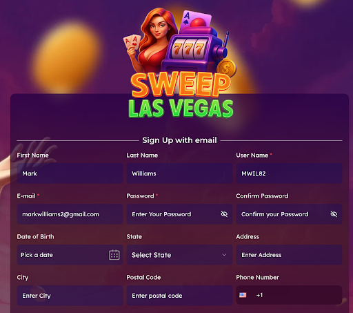 Sweep Las Vegas sign up form